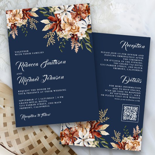 Terracotta Floral Wildblume Navy Blue Wedding Einladung