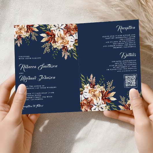 Terracotta Floral Wildflower Navy Blue Wedding Einladung