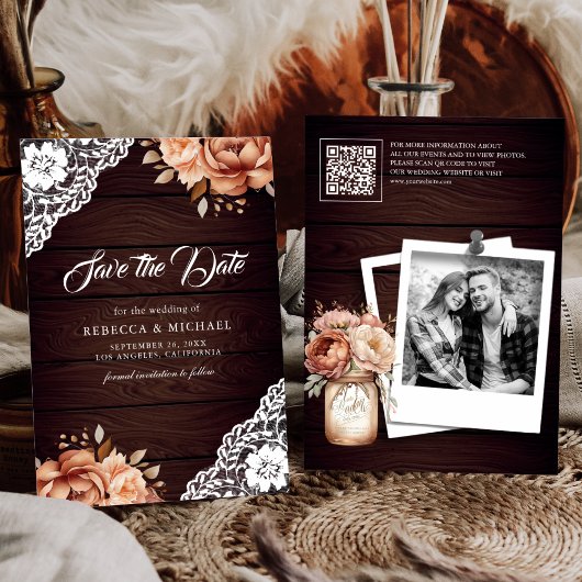 Terracotta Floral Wood Foto QR Code Wedding Save The Date