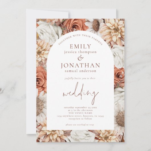 Terracotta Florals Arch Frame QR Code Wedding Einladung (Vorderseite)