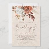 Terracotta Florals Foto Creme Texture Wedding Einladung (Vorderseite)
