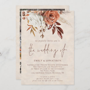 Terracotta Florals Foto Creme Texture Wedding Einladung