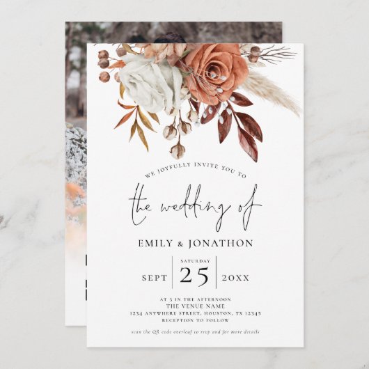 Terracotta Florals Foto Overlay QR Code Wedding Einladung (Vorne/Hinten)