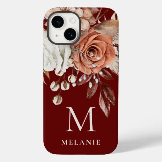 Terracotta Florals Monogram, Anfangsname Burgundy Case-Mate iPhone Hülle (Rückseite)