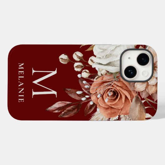 Terracotta Florals Monogram, Anfangsname Burgundy Case-Mate iPhone Hülle (Rückseite (Horizontal))