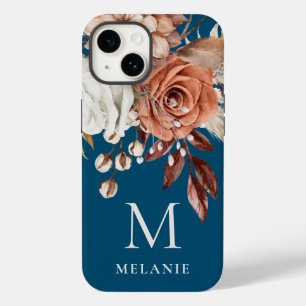 Terracotta Florals Monogramm Anfangsname Türkis Case-Mate iPhone 14 Hülle
