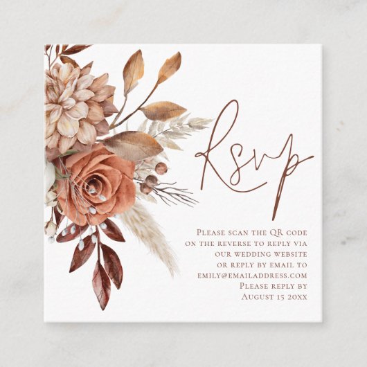 Terracotta Florals QR Code Script Wedding RSVP Begleitkarte (Vorderseite)