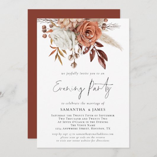 Terracotta Florals QR Code Wedding Abend Party Einladung (Vorne/Hinten)