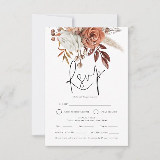 Terracotta Florals QR Essenswahl Wedding RSVP (Vorderseite)