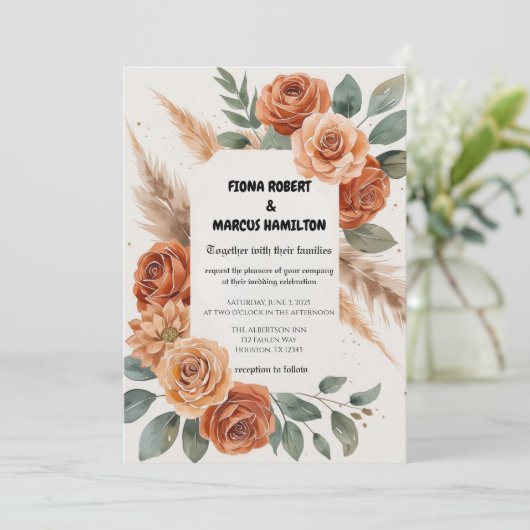 Terracotta Florals Rustic Earthy Boho Wedding Save The Date (Stehend Vorderseite)