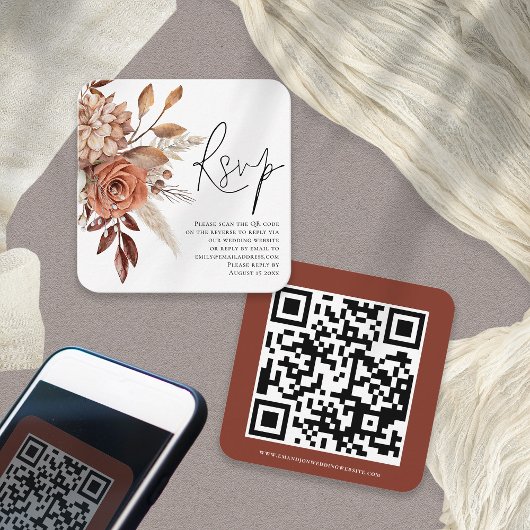 Terracotta Florals Script QR Code Wedding RSVP Begleitkarte