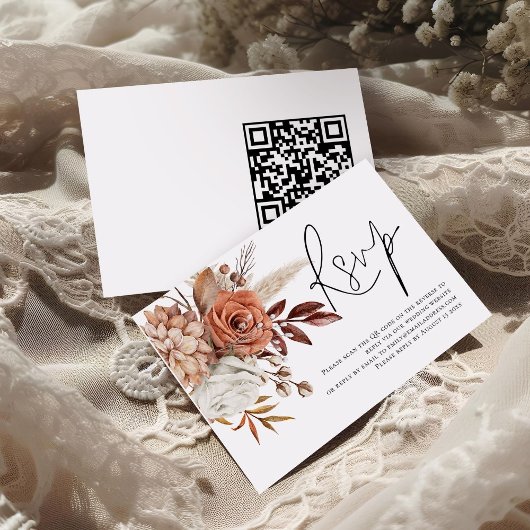 Terracotta Florals Script QR Code Wedding RSVP Karte