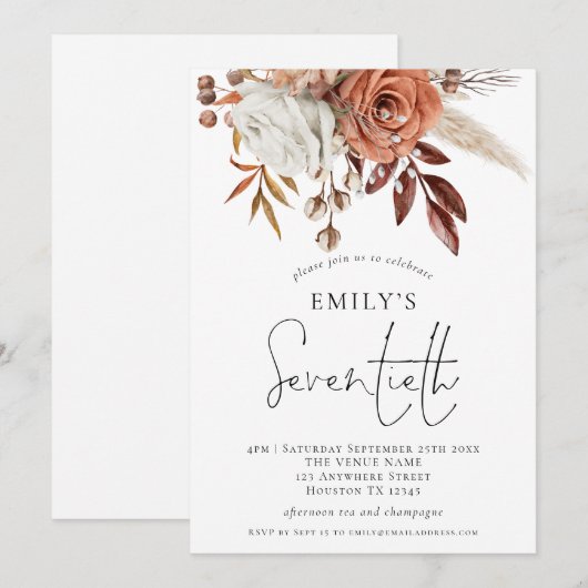 Terracotta Florals Seventieth Birthday Party Einladung (Vorne/Hinten)