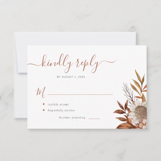 Terracotta foliage boho Blütenhochzeit RSVP Karte (Vorderseite)