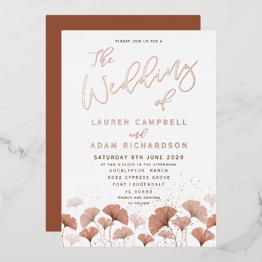 Terracotta Foliage Rose Gold Wedding Folieneinladung (Vorderseite/Rückseite)