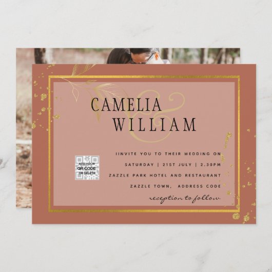 Terracotta FOTO QR CODE Hochzeit Einladung Retten (Vorne/Hinten)