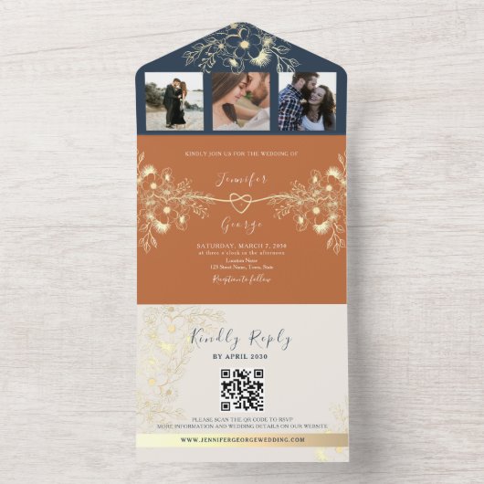 Terracotta Fotos QR Code Wedding All In One Einladung (Innen Boden)