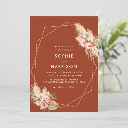 Terracotta Geometric Boho Pampas Grass Wedding Einladung (Stehend Vorderseite)