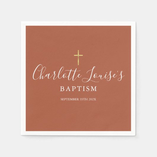 Terracotta Gold Cross Taufe Christening Serviette (Vorderseite)
