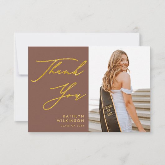 Terracotta Gold Elegante Script Foto Abschluss Dankeskarte (Vorderseite)