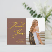 Terracotta Gold Elegante Script Foto Abschluss Dankeskarte (Stehend Vorderseite)