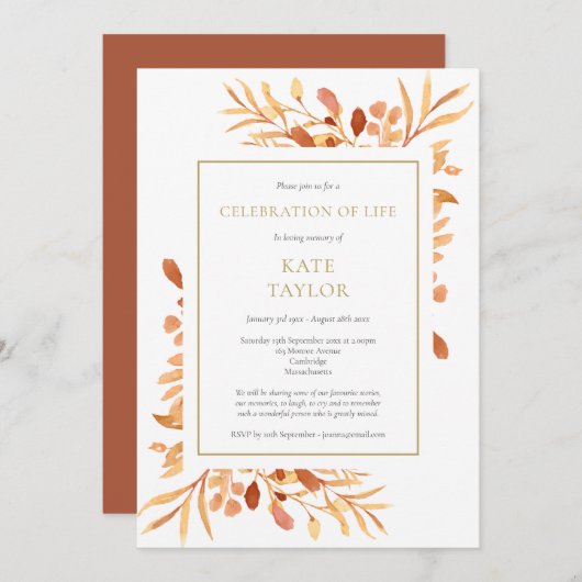 Terracotta Gold Foliage Celebration of Life Einladung (Vorne/Hinten)