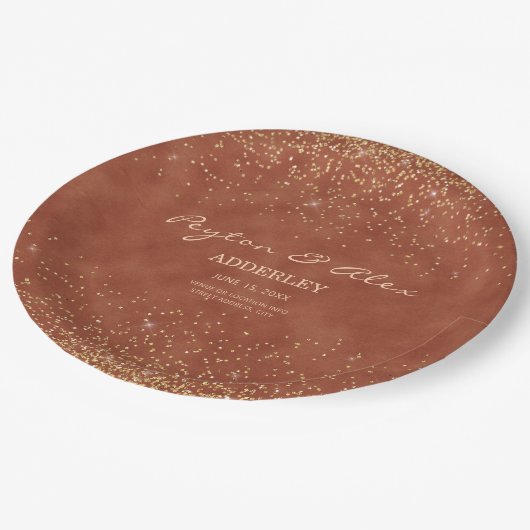 Terracotta Gold Glitzer Hochzeitsempfang Pappteller (Schrägansicht)