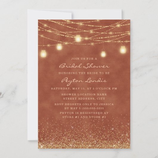 Terracotta Gold Glitzer String Brautparty Einladung (Vorderseite)