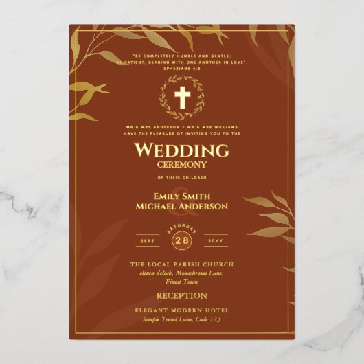 Terracotta Gold Katholische Hochzeit Folieneinladung (Vorderseite)