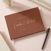 Terracotta Gold Script Modernes Foto Hochzeit Gästebuch