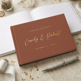 Terracotta Gold Script Modernes Foto Hochzeit Gästebuch