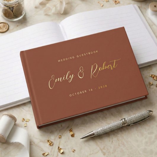 Terracotta Gold Script Modernes Foto Hochzeit Gästebuch