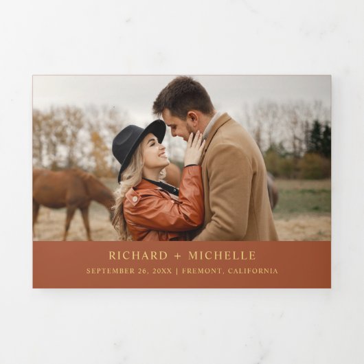 Terracotta Gold World Map All in One Wedding Dreifach Gefaltete Einladung (Cover)