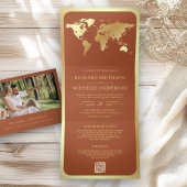 Terracotta Gold World Map QR Code Photo Wedding Dreifach Gefaltete Einladung