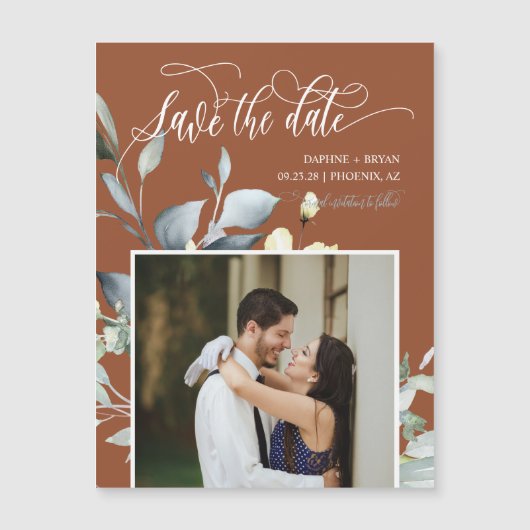 Terracotta Green Blätter Save the Date Foto Magnet (Vorderseite)