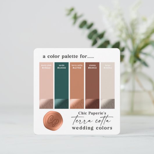 Terracotta Green Rustic Wedding Color Card Einladung (Stehend Vorderseite)