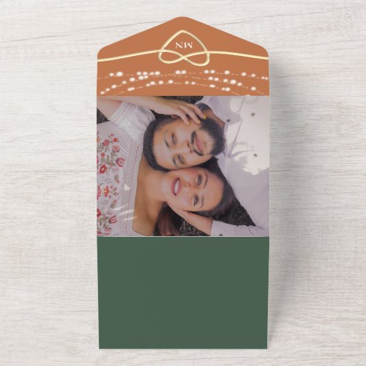 Terracotta Green String Lights Wedding QR Code All In One Einladung (Außenbereich)