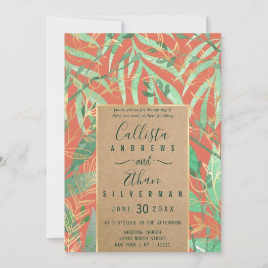 Terracotta Green Watercolor Blätter Kraft Wedding Einladung (Vorderseite)