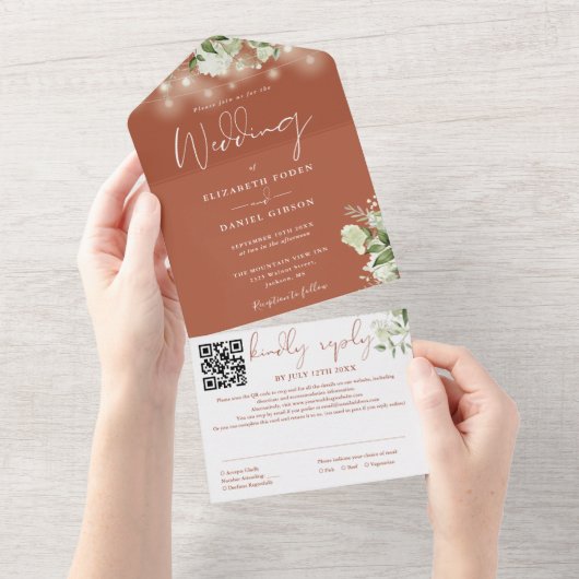 Terracotta Greenerenery String Lights QR Code Wedd All In One Einladung (Abreißen)