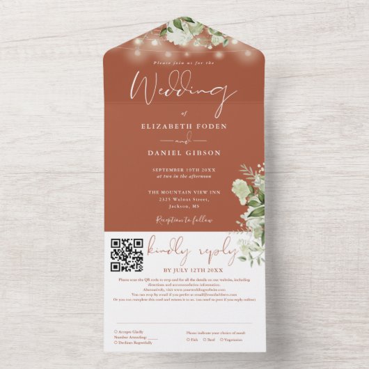 Terracotta Greenerenery String Lights QR Code Wedd All In One Einladung (Innen Boden)