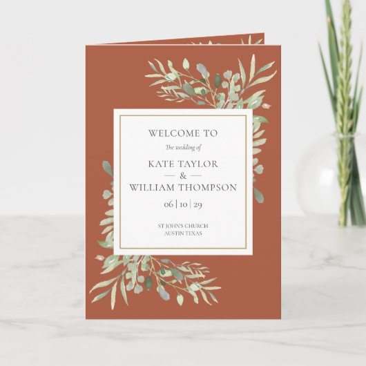 Terracotta Greenerity Foliage Wedding Programm (Vorderseite)