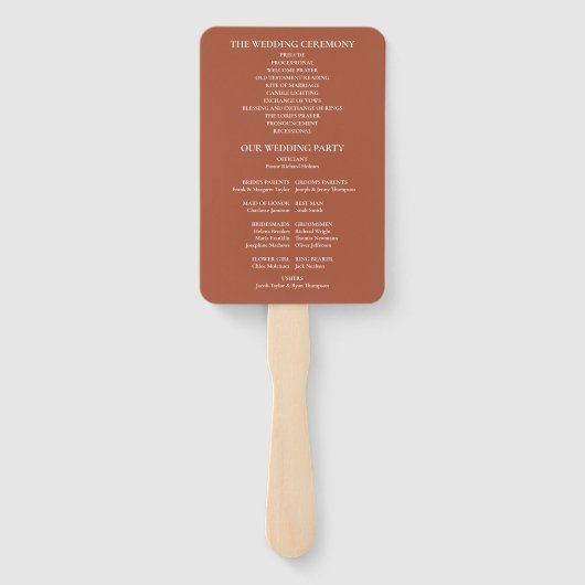 Terracotta Greenerity Wedding Program Hand Fan Fächer (Rückseite)