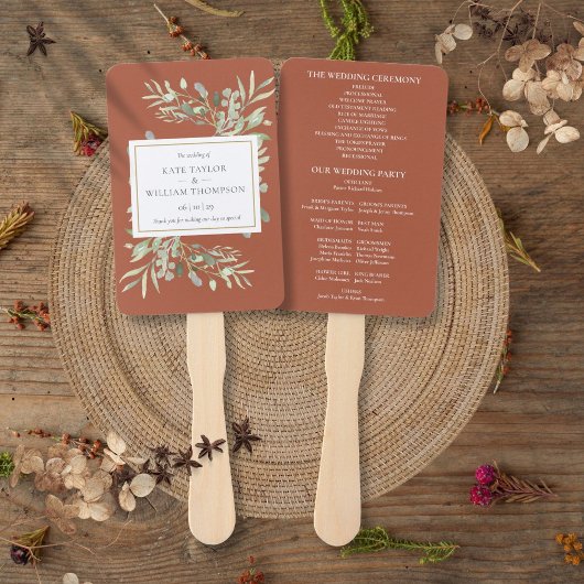 Terracotta Greenerity Wedding Program Hand Fan Fächer