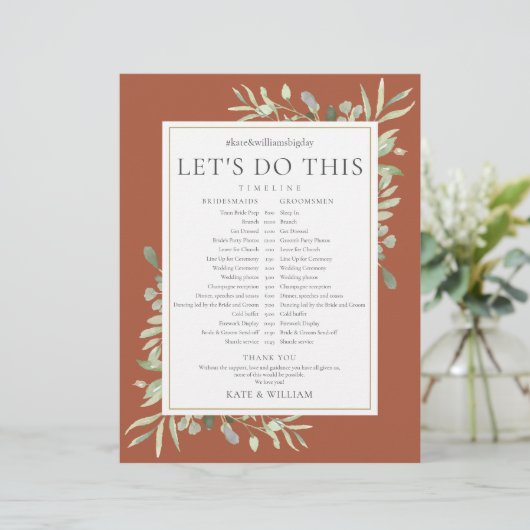 Terracotta Greenerity Wedding Zeitplan Zeitplan (Stehend Vorderseite)
