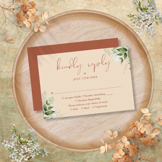 Terracotta Greenery Elegante Script Wedding RSVP Karte