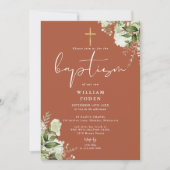 Terracotta Greenery Floral Monogram Taufe Einladung (Vorderseite)