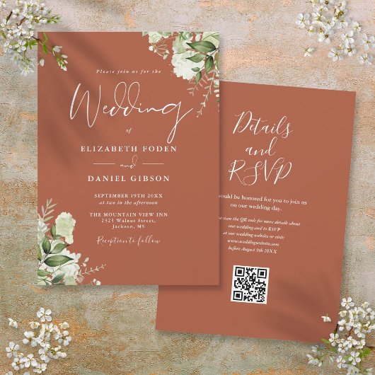 Terracotta Greenery Floral QR Code Wedding Einladung