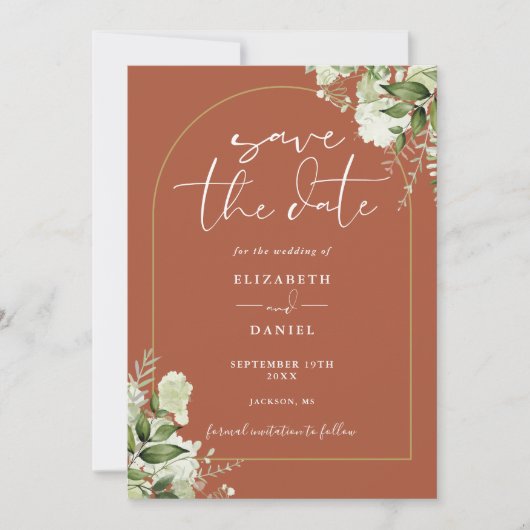 Terracotta Greenery Gold Arch QR Code Wedding Save The Date (Vorderseite)