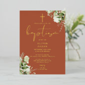 Terracotta Greenery Monogram Baptism Gold Folieneinladung (Stehend vorne)