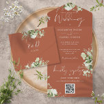 Terracotta Greenery QR Code Monogram Wedding All In One Einladung<br><div class="desc">Alles in einer Hochzeitseinladung mit botanischen grünen rustikalen Blätter und eleganter Typografie auf Terrakotta-Hintergrund. Die Einladung enthält eine perforierte RSVP-Karte mit QR-Code. Entwickelt von Thisisnotme©</div>